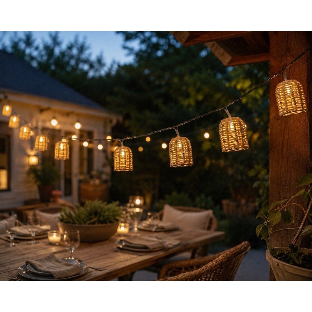 Globe Cordelia Outdoor string Lights 9.8 Ft 10 Lights Ratan Look Basket Corded